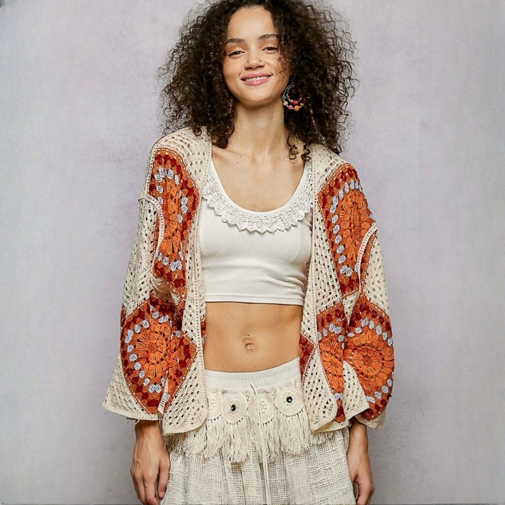 POL Boho Crochet Sweater in Cream and Orange NWT One Size